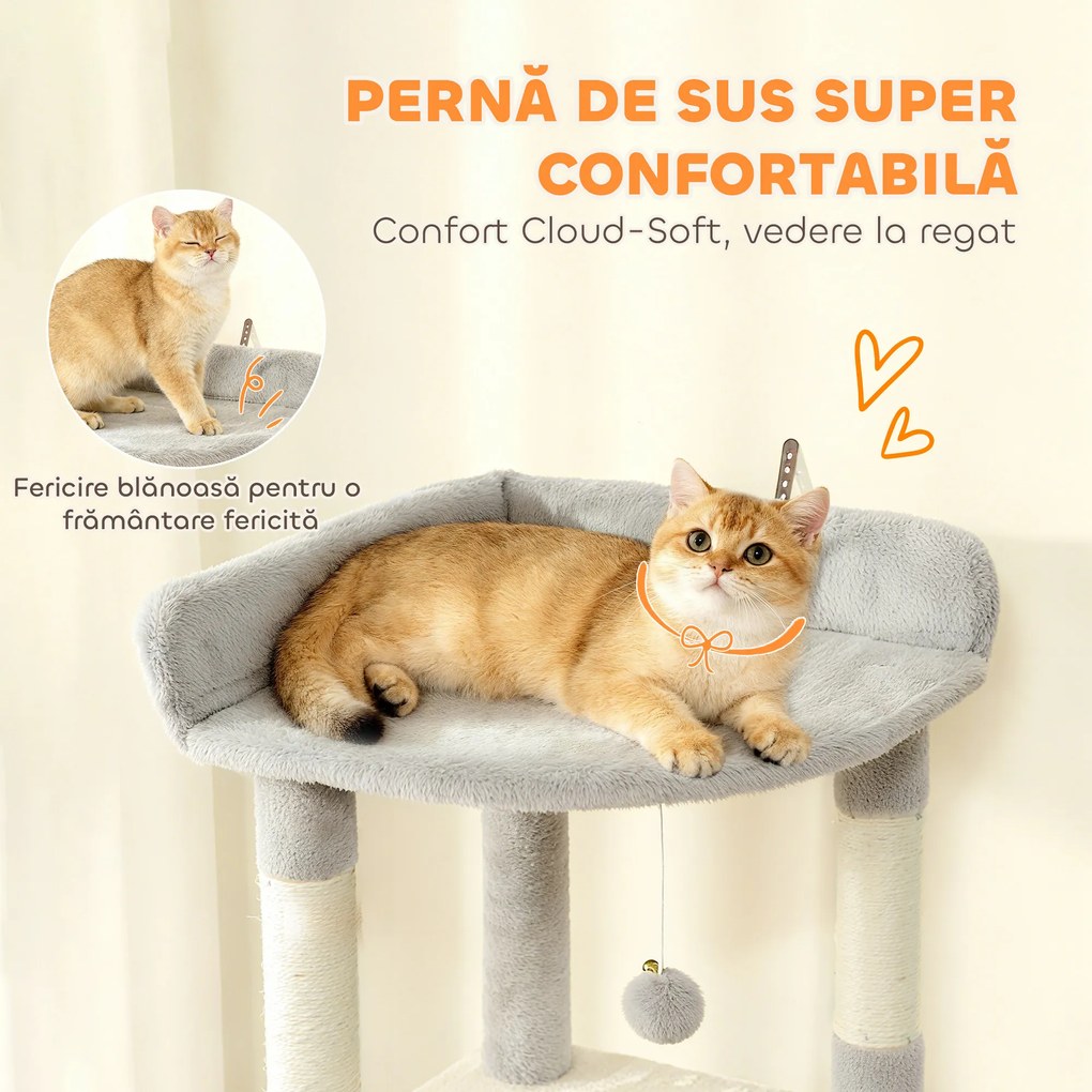 Pawhut Ansamblu de joacă pentru Pisici de 170 cm cu 7 Stâlpi Zgâriători, 2 Căsuțe, Hamac, Gri Deschis | Aosom Romania