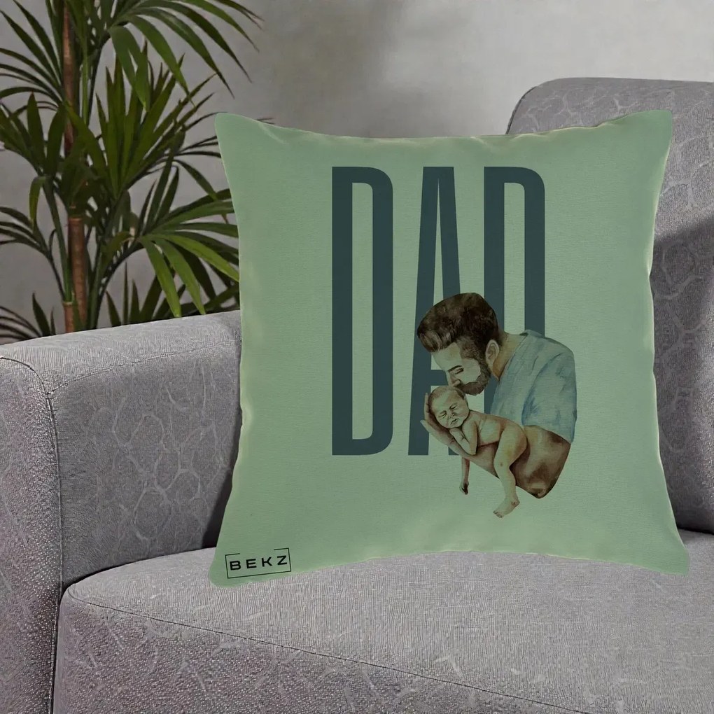 Cadou pentru Tata - Perna Personalizata DAD Tata si Nou-Nascut, 40x40 cm, Verde, Husa Detasabila, Perna Inclusa, BEKZ®