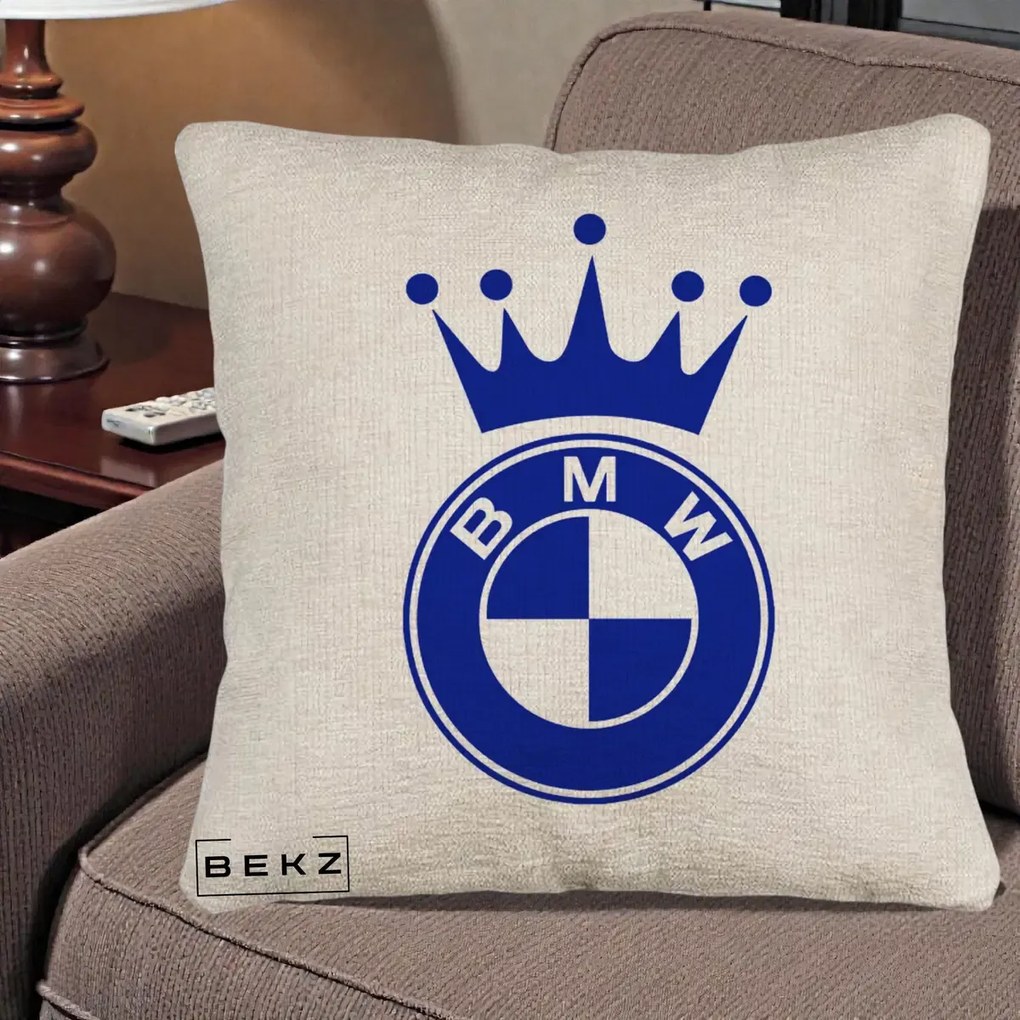 Perna Personalizata cu emblema BMW si Coroana, 40x40 cm, Bej Canapea, Husa Detasabila, Perna Inclusa, BEKZ®