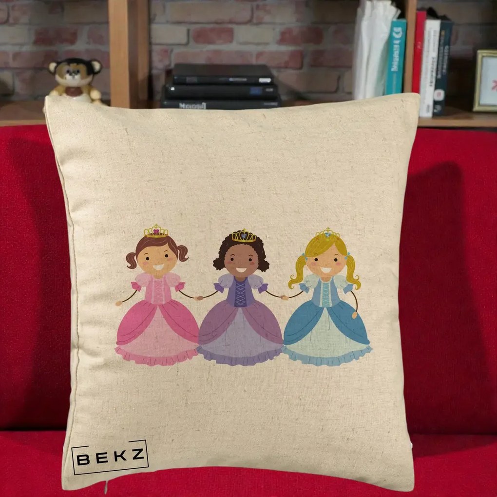 Perna Personalizata Printese Diverse Ilustratie, 40x40 cm, Bej, Husa Detasabila, Perna Inclusa, BEKZ®