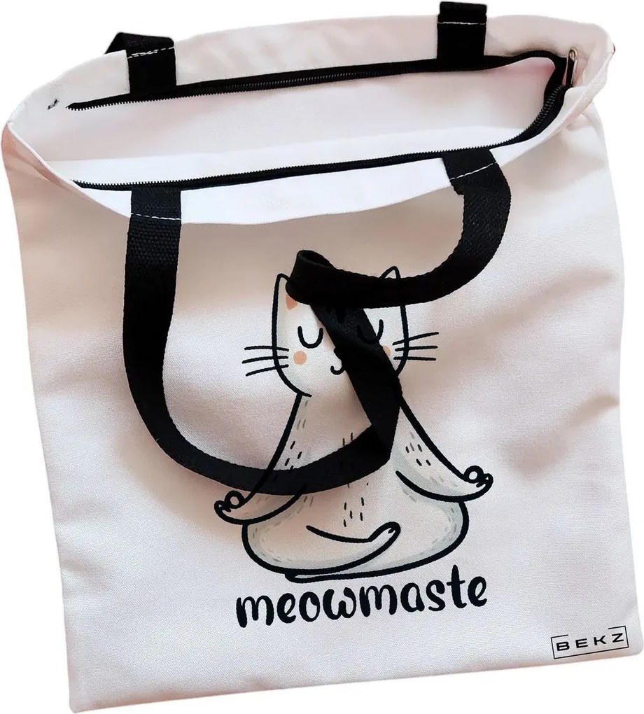 Sacosa de Panza pentru Cumparaturi, Geanta Tote, Yoga Meowmaste, Cu fermoar, 38x34.5 cm, Alba, BEKZ®
