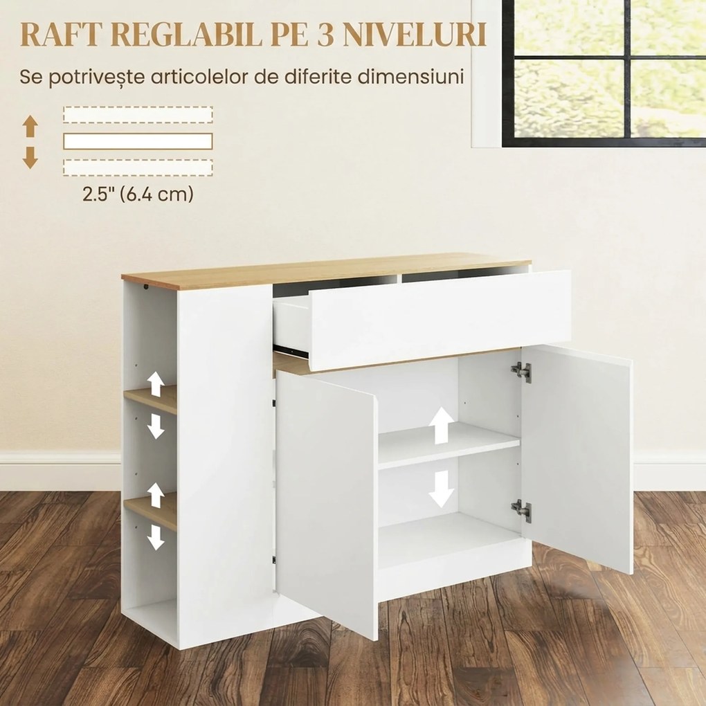 HOMCOM Bufet de Bucătărie cu 2 Uși, Raft Reglabil, 2 Sertare și 3 Compartimente Deschise, 106x30x81,2 cm, Alb | Aosom Romania