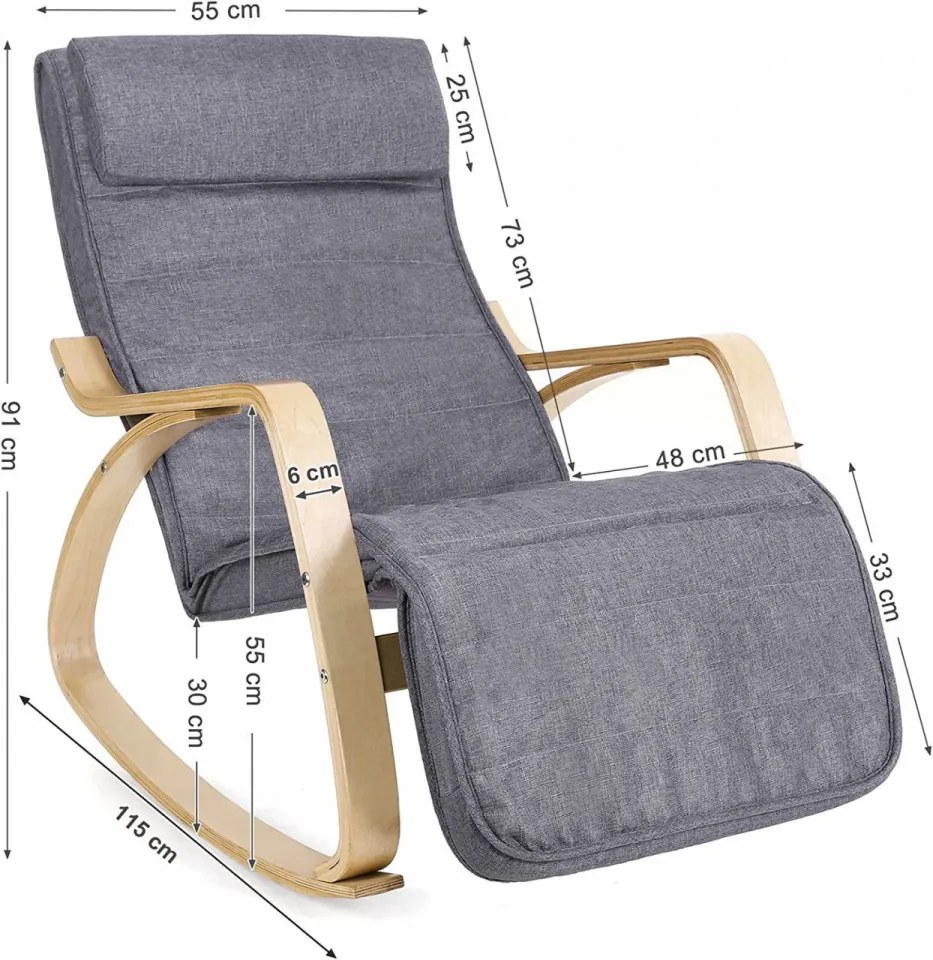 Fotoliu balansoar, lemn de mesteacan / textil, gri inchis / natural, Songmics