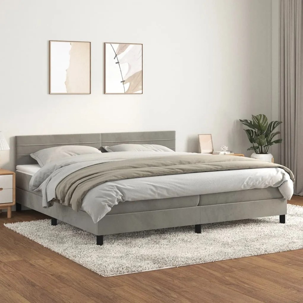 Pat box spring cu saltea, gri deschis, 200x200 cm, catifea Gri deschis, 200 x 200 cm, Benzi orizontale