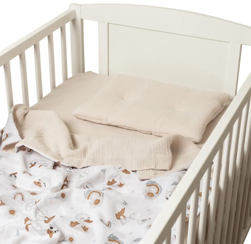 Lenjerie de vara din muselina pentru patut 120x60 cm Kidizi Ducky, include cearceaf, perna si paturica cu doua fete, bumbac 100%