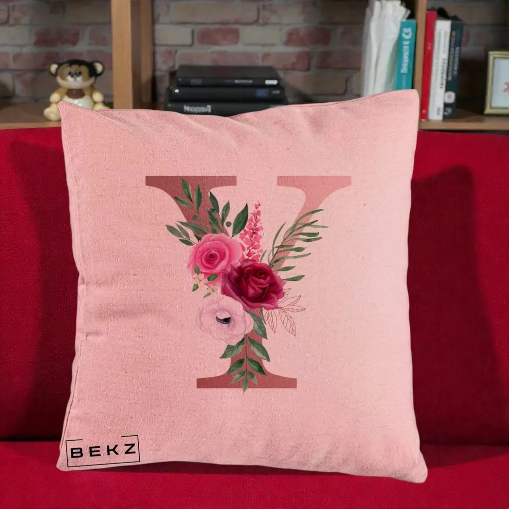 Cadou Personalizat - Perna Personalizata Monograma Rose Gold Litera Y, 40x40 cm, Roz, Husa Detasabila, Perna Inclusa, BEKZ®