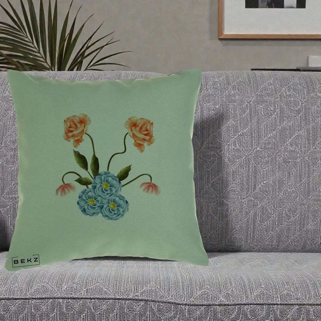 Perna Decorativa Trandafiri si Bujori Acuarela, 40x40 cm, Verde, Husa Detasabila, Perna Inclusa, BEKZ®
