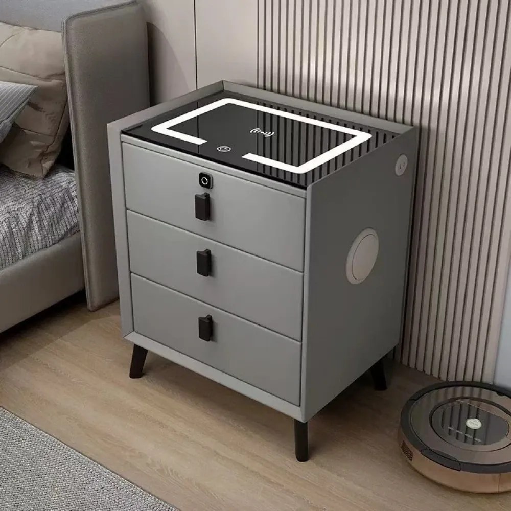 Noptieră inteligentă multifuncțională, 3 sertare, blocare cu amprentă, LED-uri tactile, 3 tipuri de culoare, încărcare fără fir, Difuzor Bluetooth, incarcare USB, sticla securizata, Gri
