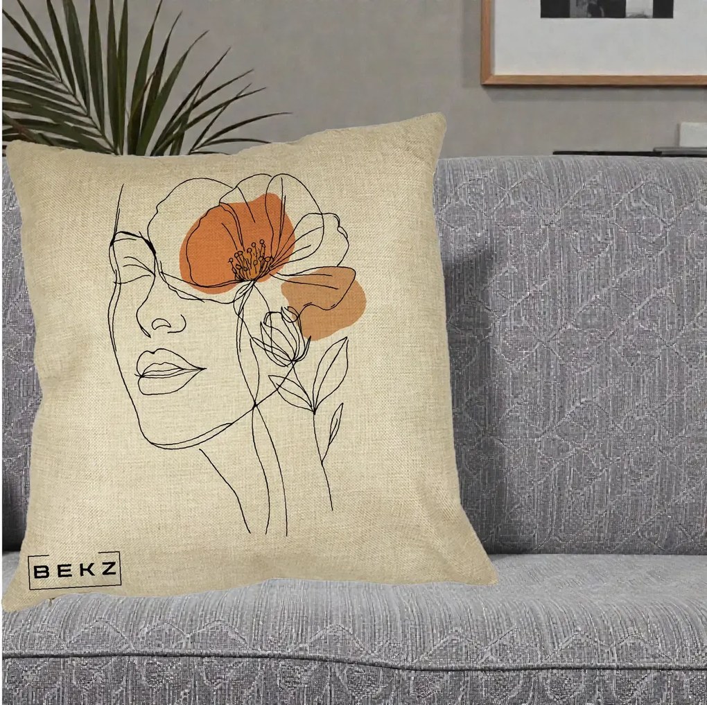 Perna Decorativa Portret Feminin Mac Profilat, 40x40 cm, Crem, Husa Detasabila, Perna Inclusa, BEKZ®