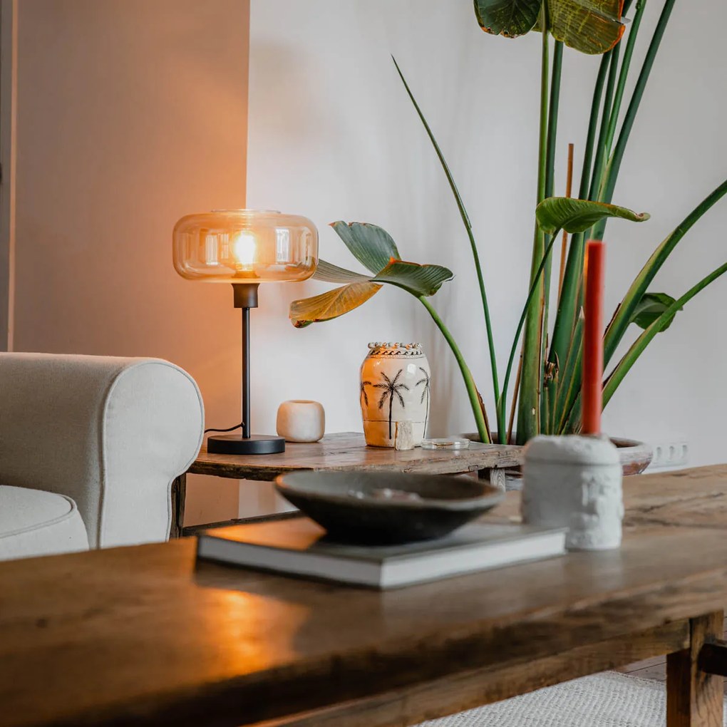 Lampă de masă Art Deco neagră cu sticlă chihlimbar - Bizle