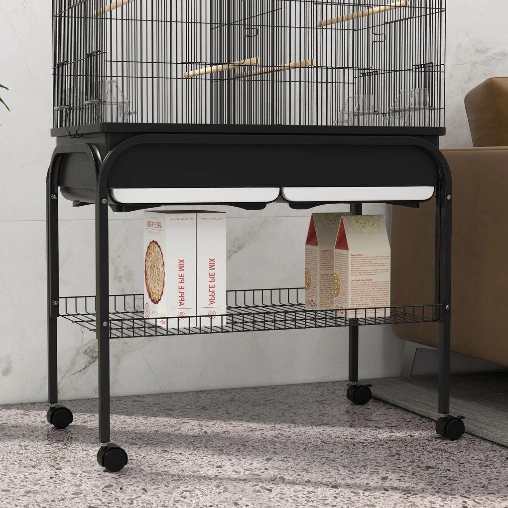 PawHut Cușcă păsări cușcă papagal cu suport roți pentru cacatua papagal canari papagal 85 x 49 x 119 cm negru | Aosom Romania
