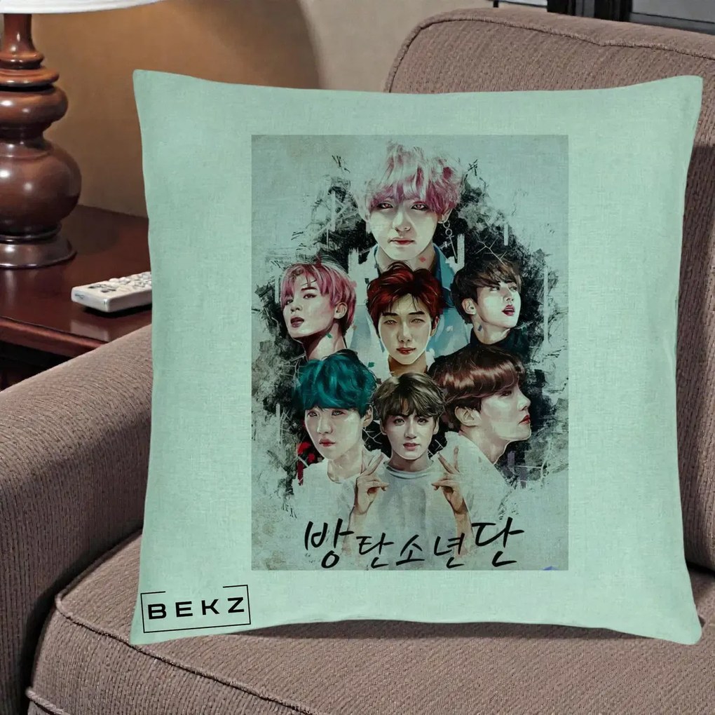 Perna Personalizata K-pop BTS Bangtan Boys Poster Artistic Negru Alb, 40x40 cm, Verde Menta, Husa Detasabila, Perna Inclusa, BEKZ®