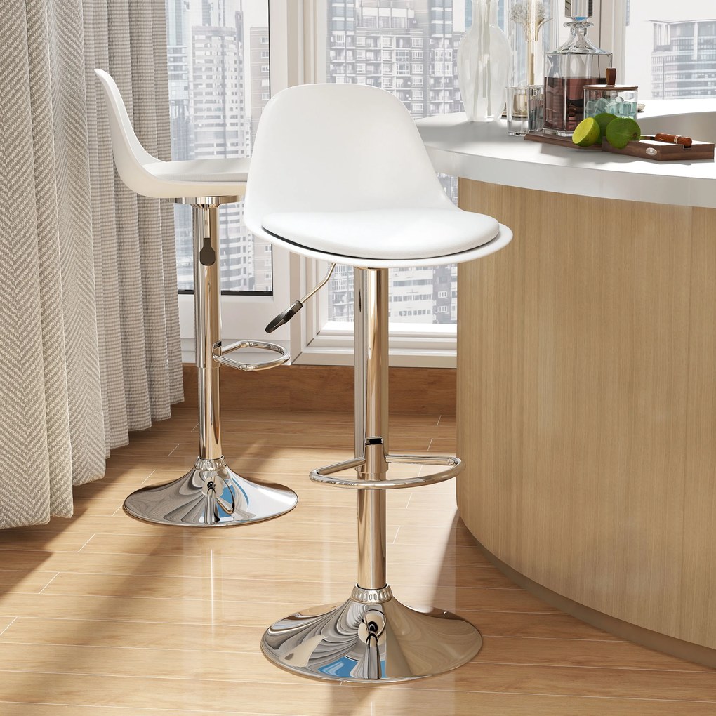 Set de 2 scaune de bar cu spatar si suport picioare, pivotante cu inaltime reglabila, 40x42x82-104cm, alb HOMCOM | Aosom Romania