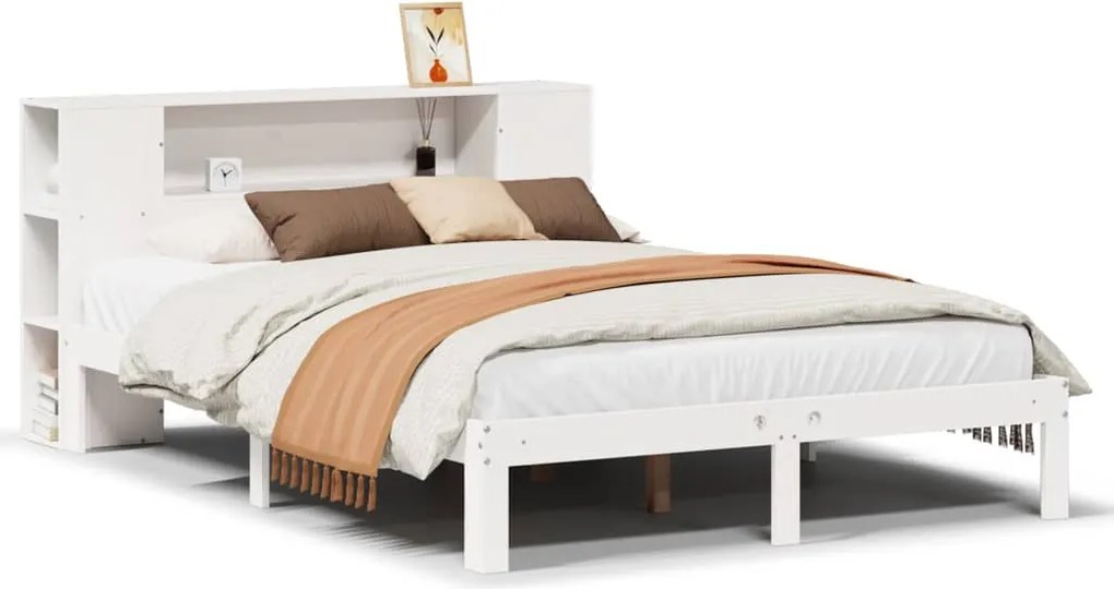 vidaXL Pat cu bibliotecă fără saltea, alb, 120x190 cm, lemn masiv pin