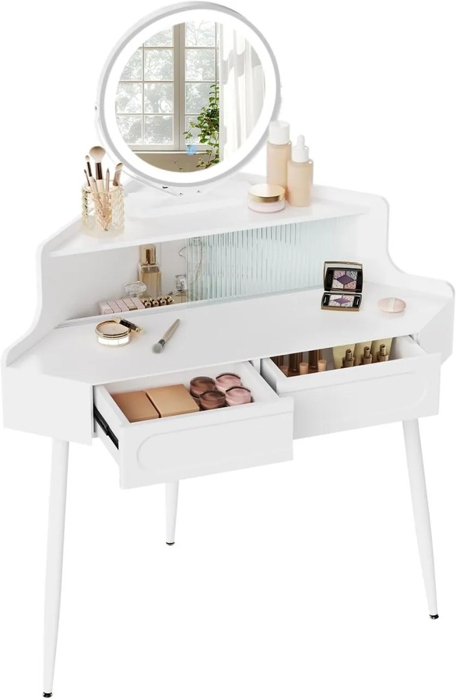 SEA493 - Set Masa toaleta 90 cm pentru colt, cosmetica machiaj, oglinda cu LED, masuta vanity - Alb