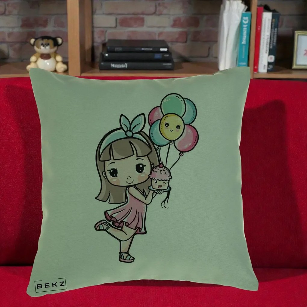 Perna Decorativa Fetita Kawaii cu Baloane si Cupcake, 40x40 cm, Verde, Husa Detasabila, Perna Inclusa, BEKZ®