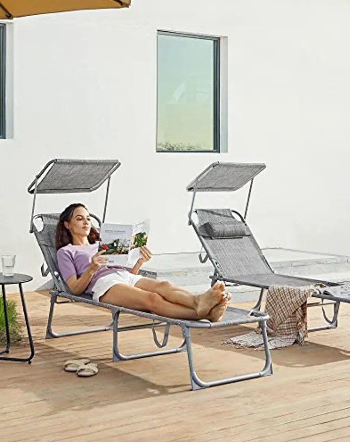 Sezlong rabatabil gri deschis DESCANSO cu parasolar