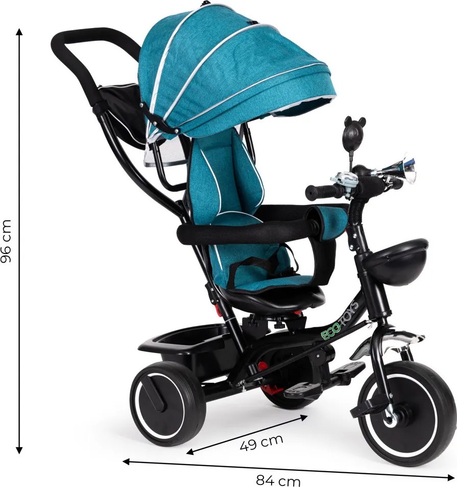 Triciclu triciclu trei roți scaun pivotant copertină verde-albastru
