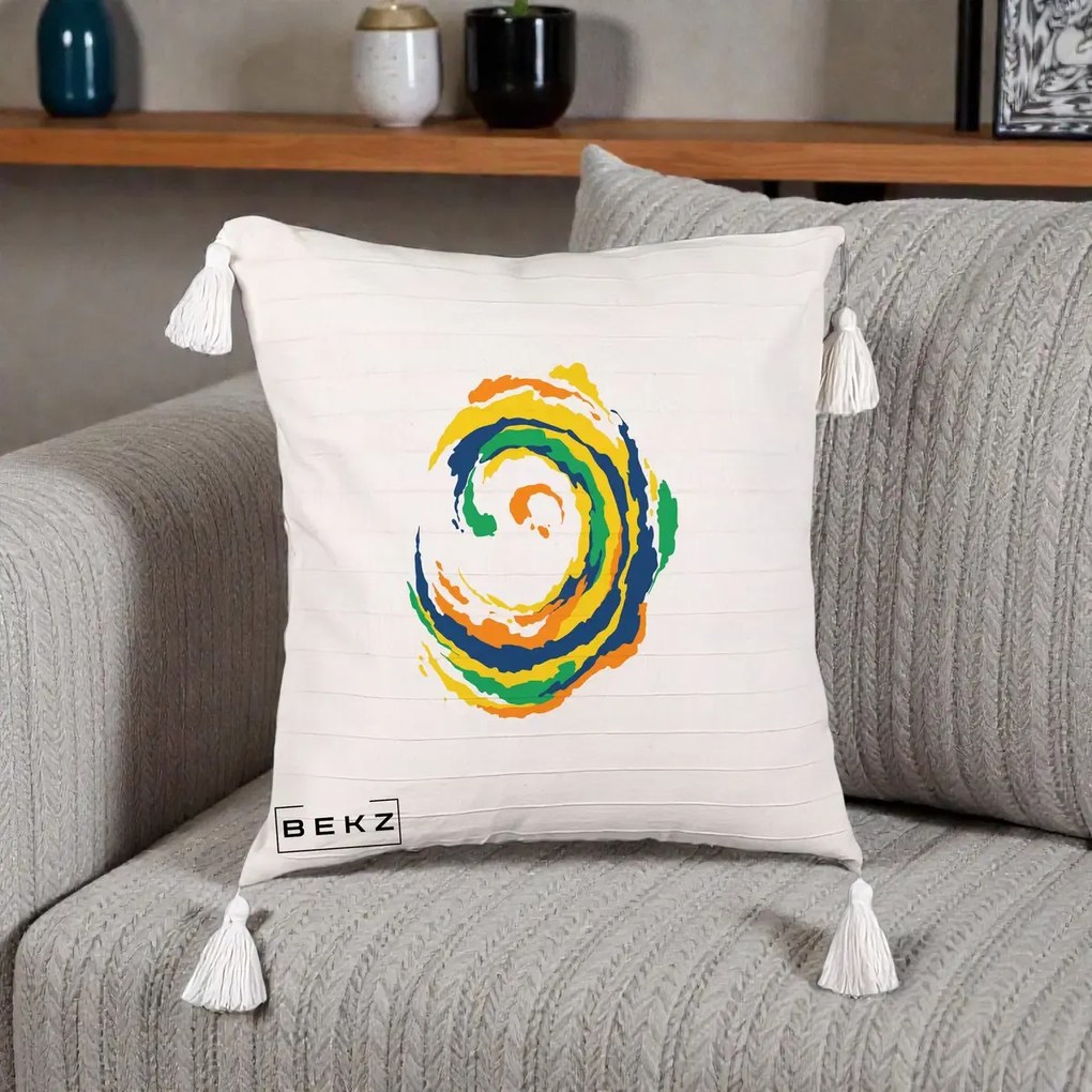 Perna decorativa Vortex Abstract Colorat, 45x45 cm cu Umplutura, Bej cu Franjuri, BEKZ