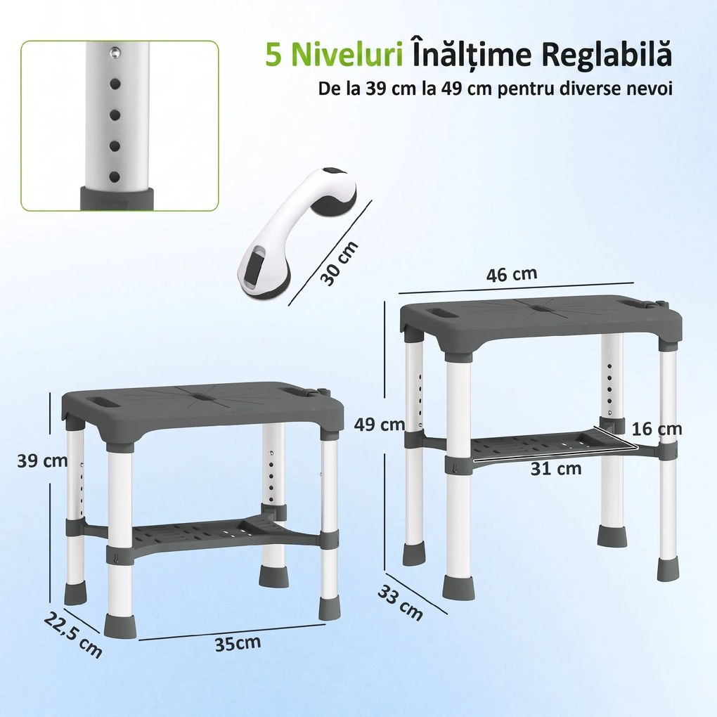HOMCOM Scaun de Duș din Aluminiu cu Raft Integrat, Înălțime Reglabilă pe 5 Niveluri, Suport 150kg, Gri | Aosom Romania