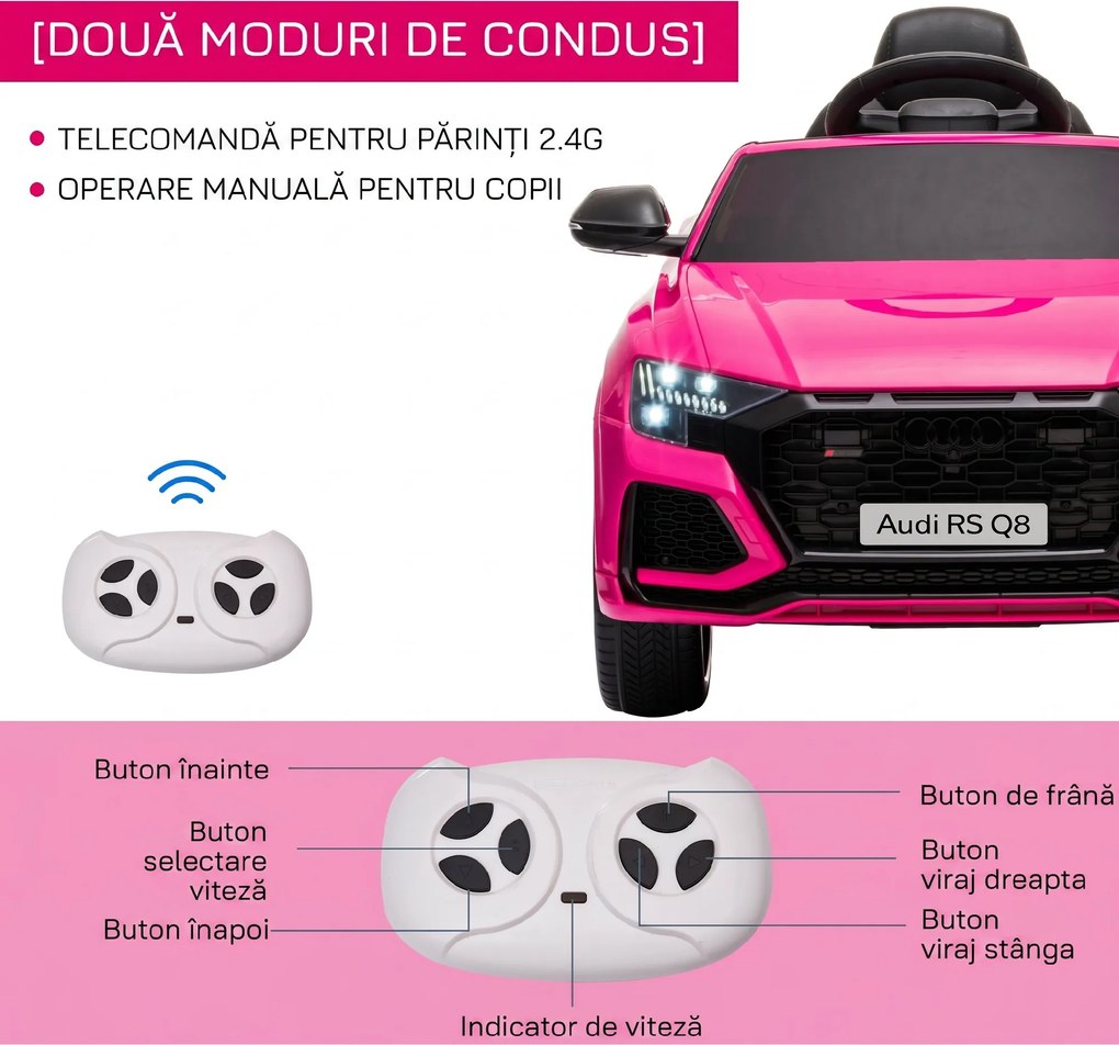 HOMCOM Mașină Electrică pentru Copii Audi RS Q8, 6V, 2 Motoare, Telecomandă, PP, 101x62x51 cm, Roz | Aosom Romania