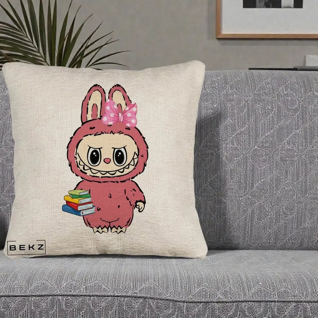 Perna Personalizata Labubu Roz cu Funda si Carti, 40x40 cm, Bej Canapea, Husa Detasabila, Perna Inclusa, BEKZ®