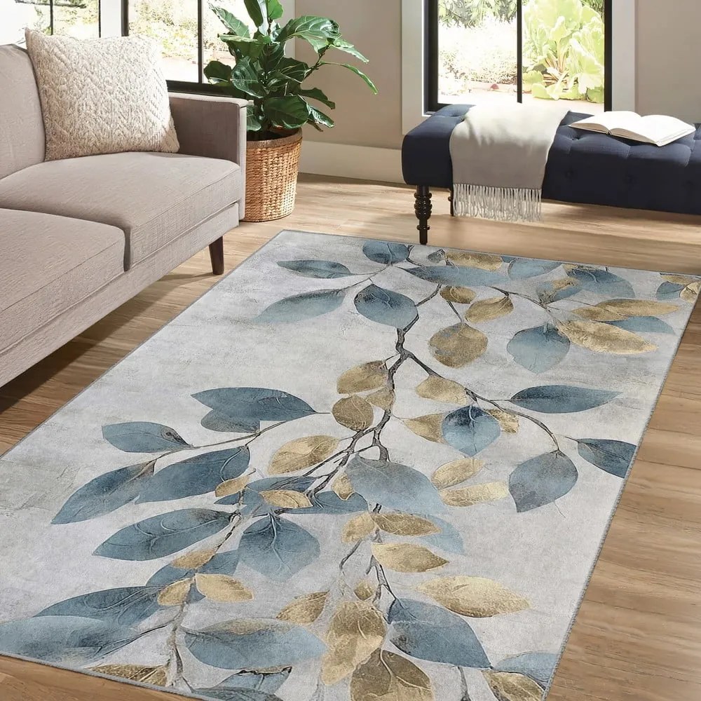 Covor albastru deschis/auriu lavabil 160x230 cm Golden Leaves – Mila Home