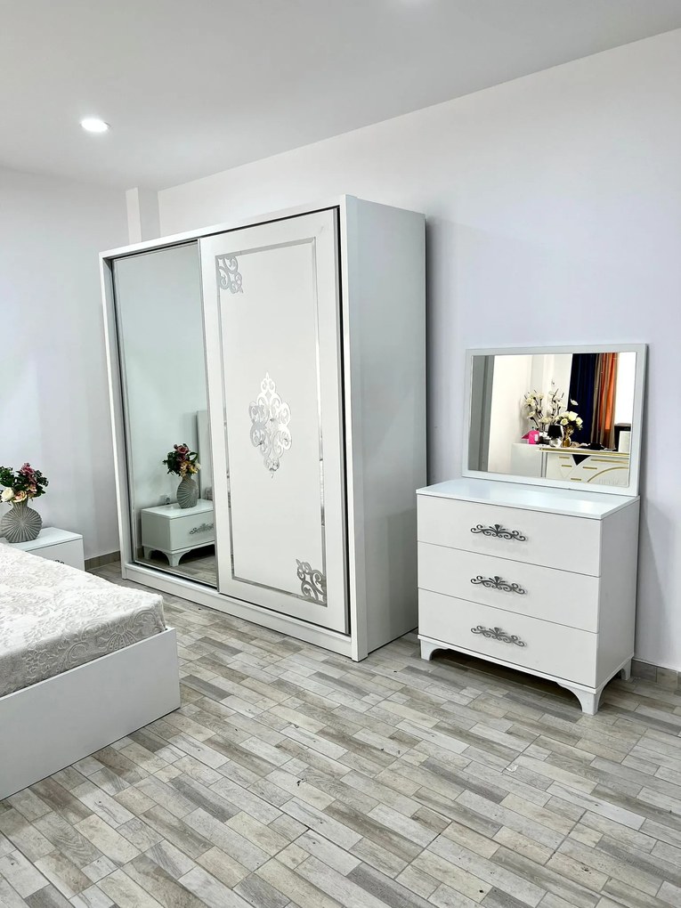 Dormitor Milano, culoare alb, cu pat tapitat 160 x 200 cm, dulap cu 2 usi, comoda cu oglinda, 2 noptiere