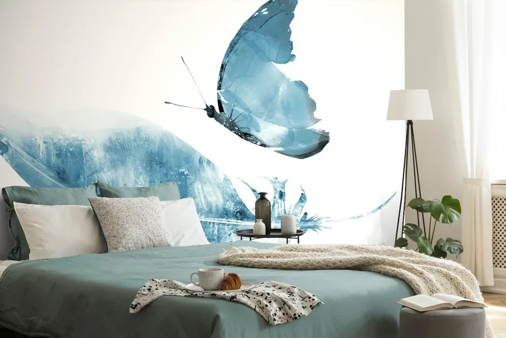 Tapet autoadeziv pană cu un fluture în design albastru