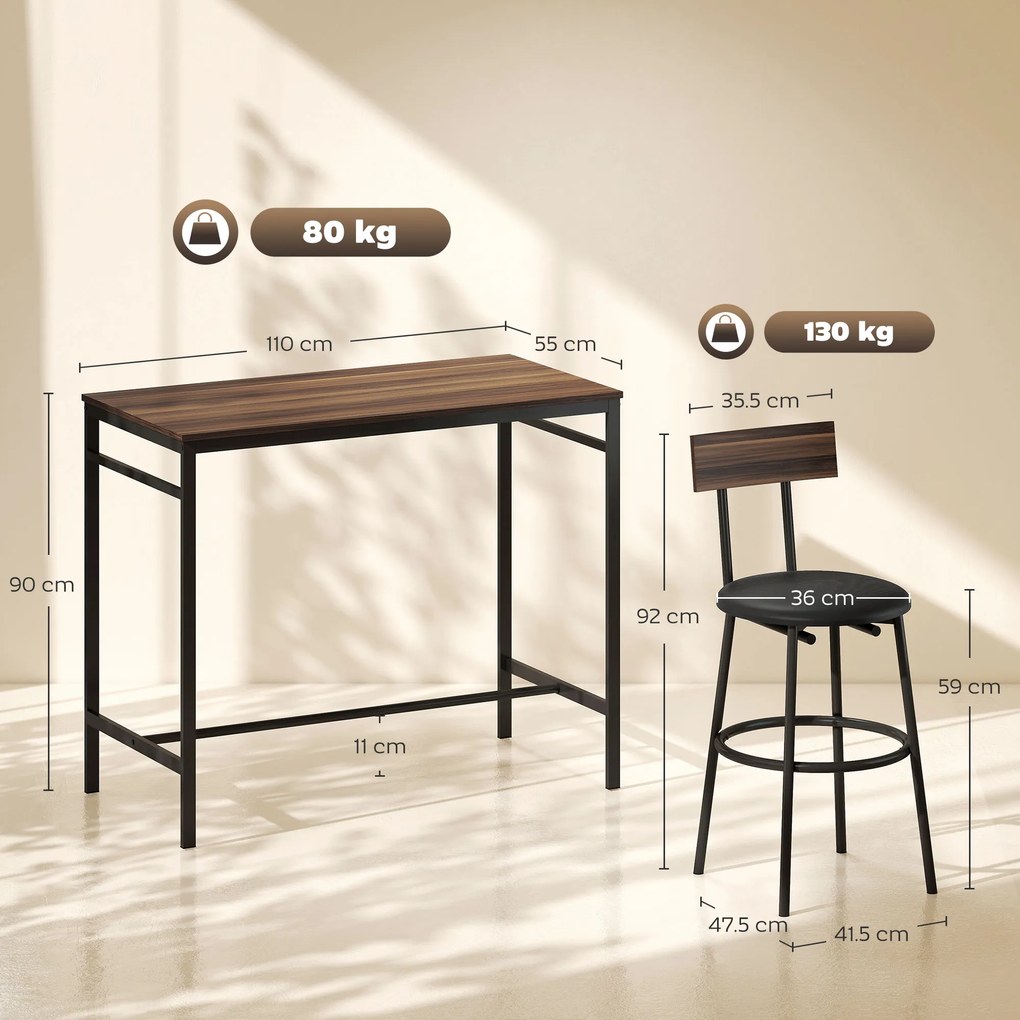 HOMCOM Set masă de bar 5 piese cu 4 scaune, design industrial, pentru bucătărie, sufragerie, lemn, oțel, maro | Aosom Romania