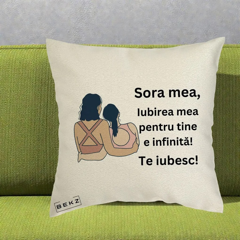 Cadou pentru Sora - Perna Personalizata Sora Mea Te Iubesc Doua Fete Fashioniste Line Art, 40x40 cm, Ecru, Husa Detasabila, Perna Inclusa, BEKZ®