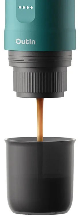 Espressor portabil Outin Nano Teal, 12/24 V, 7500mAh, 20bar, 80ml, Incarcare USB, Cafea macinata si capsule, Turcoaz