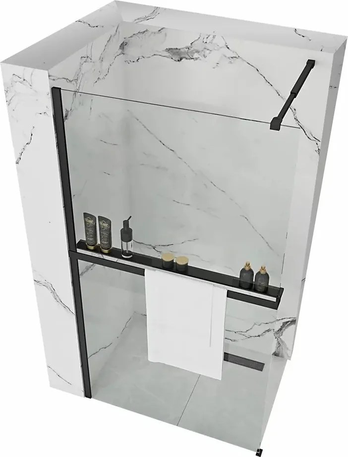 Paravan de dus tip Walk-in Rea Aero 120x195 cm si etajera cu suport negru