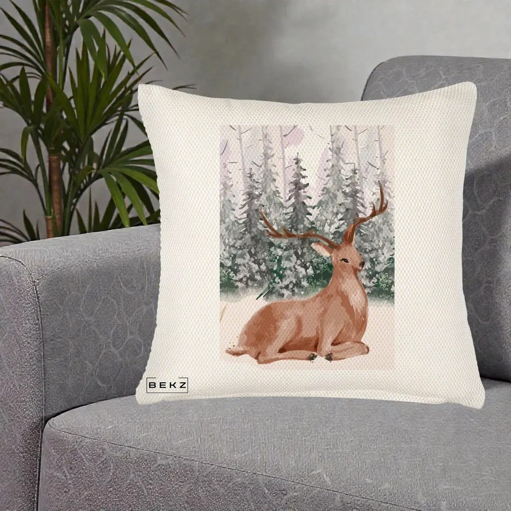 Perna Decorativa Ren in Padure Roz Moale, 40x40 cm, Crem Reliefat, Husa Detasabila, Perna Inclusa, BEKZ®
