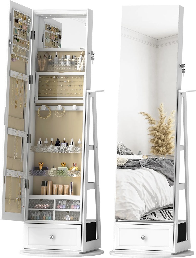 HOMCOM Oglindă-dulap pentru bijuterii cu LED-uri Dulap pentru bijuterii cu oglindă integrală Rotativ 360° Sertar Încuietoare Alb | Aosom Romania
