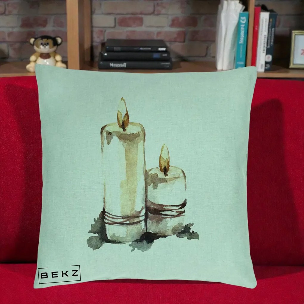 Perna Decorativa Lumanari Acuarela Iarna, 40x40 cm, Verde Menta, Husa Detasabila, Perna Inclusa, BEKZ®