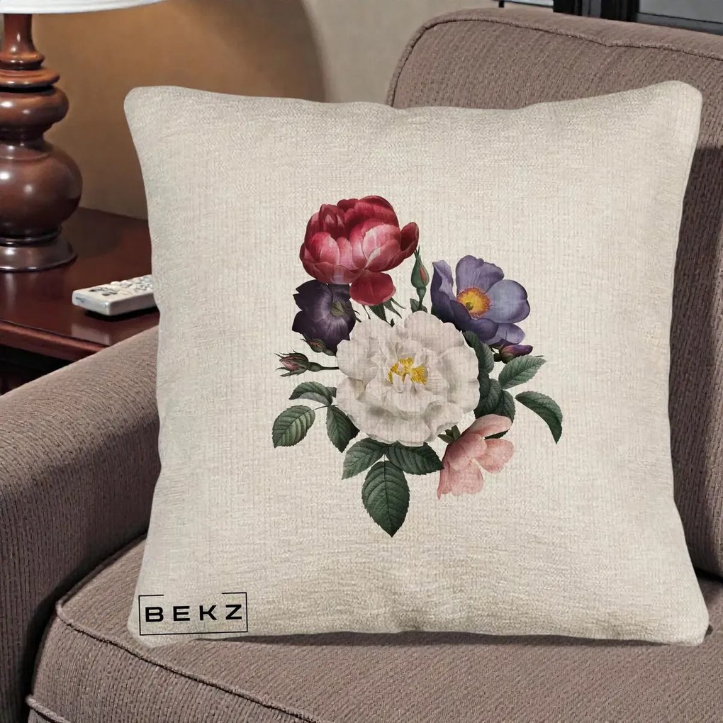 Perna Decorativa Buchet Trandafiri Bujori Botanical, 40x40 cm, Bej Canapea, Husa Detasabila, Perna Inclusa, BEKZ®