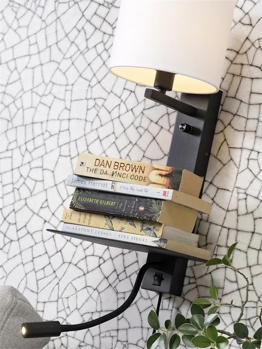 Aplica cu raft, reader LED, mufa USB si abajur textil in inchis Florence