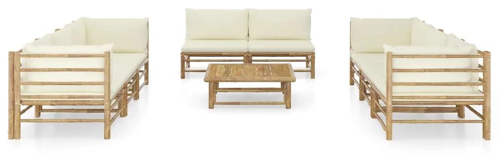 Set mobilier de gradina, cu perne alb crem, 9 piese, bambus