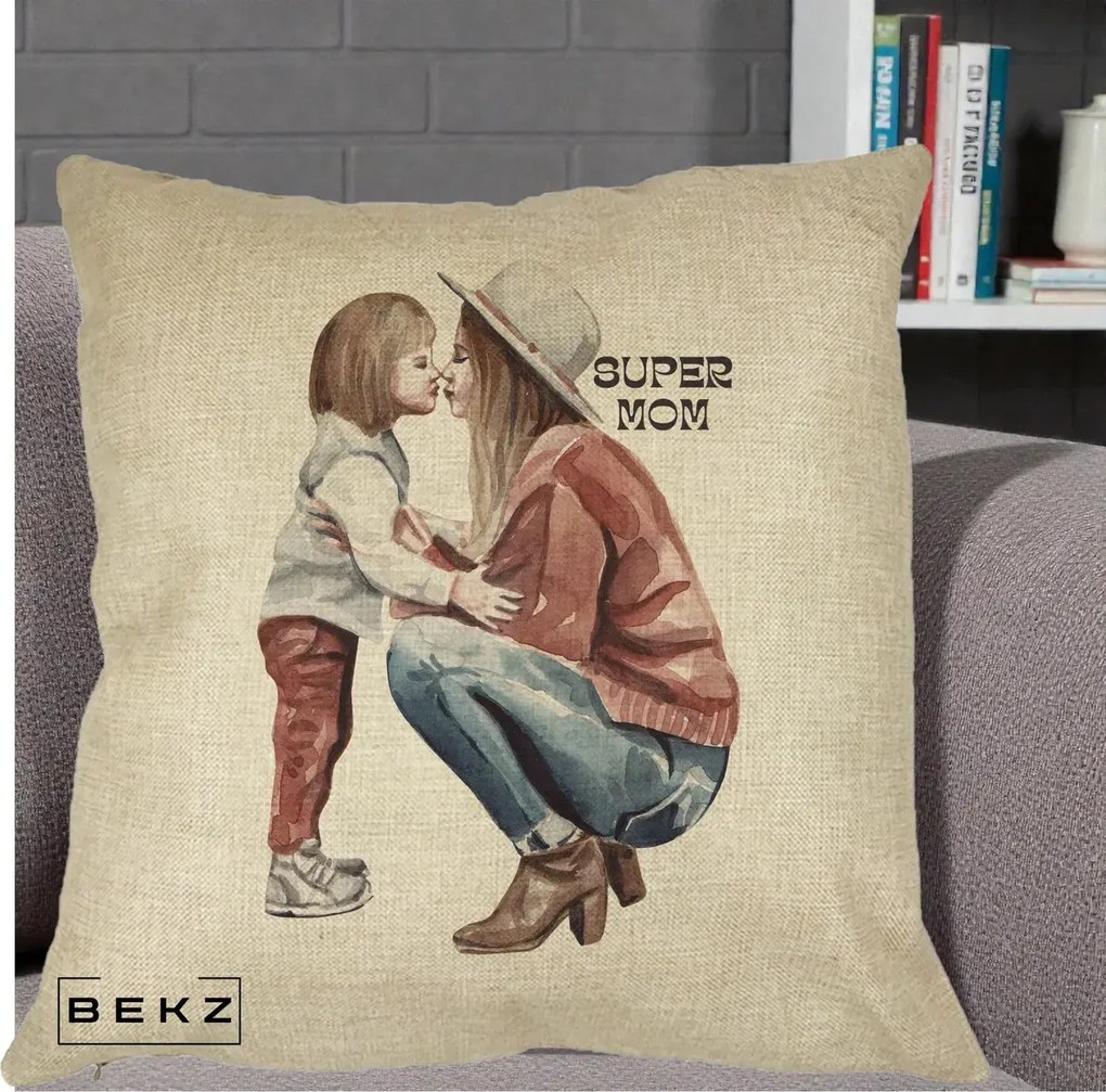 Cadou pentru Mama - Perna Personalizata Super Mom Acuarela, 40x40 cm, Crem, Husa Detasabila, Perna Inclusa, BEKZ®
