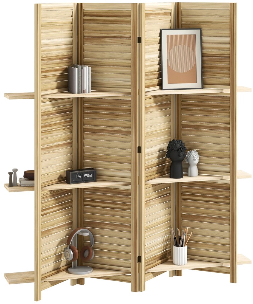 HOMCOM Paravan interior din lemn 4 panouri 160 x 170 cm, separator de cameră pliabil cu 3 rafturi, lemn natural | Aosom Romania