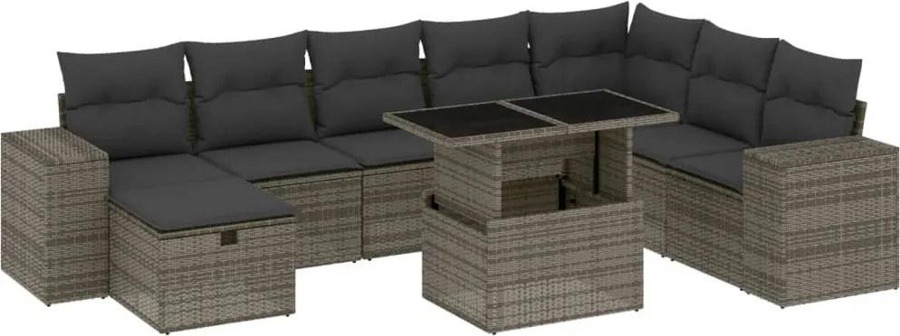 vidaXL Set canapele de grădină, 9 piese, cu perne, gri, poliratan