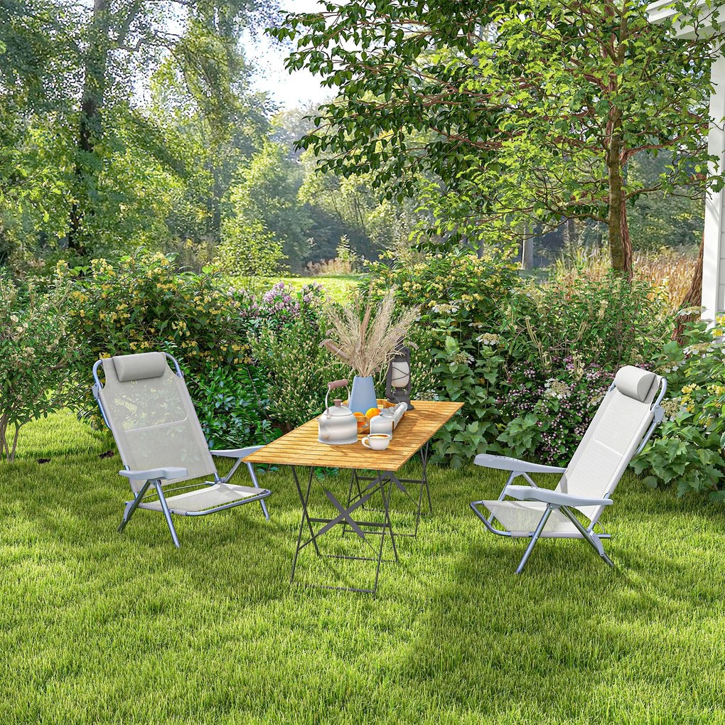 Outsunny Set 2 Scaune de Camping Pliabile cu Tetieră Căptușită și Spătar Reglabil în 6 Poziții, 62x65x80 cm, Gri Deschis | Aosom Romania