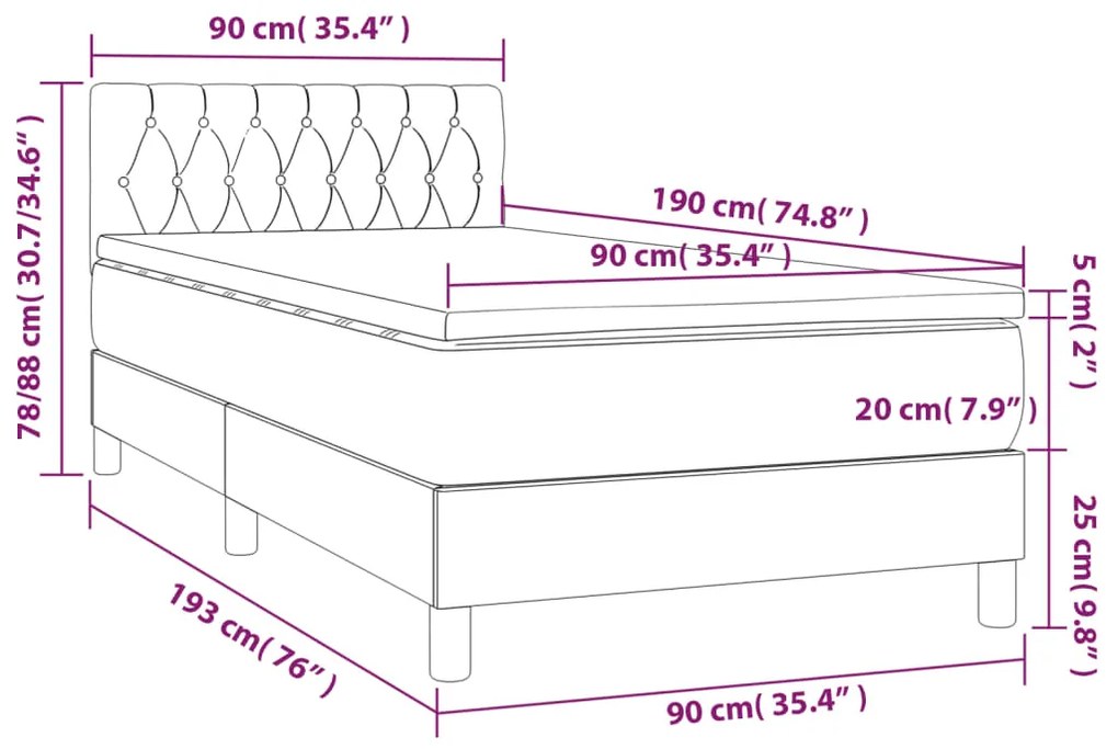 Pat box spring cu saltea, gri inchis, 90x190 cm, textil Morke gra, 90 x 190 cm, Design cu nasturi