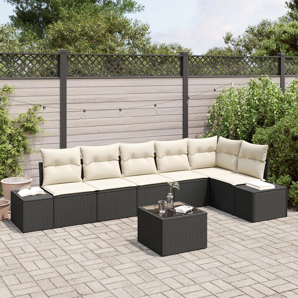 vidaXL Set de canapele pentru grădină 7 pcs negru și crem Rattan poli