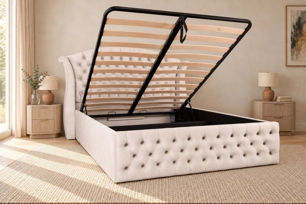 Pat tapițat Chesterfield din catifea Sorella Simple 160×200 cm, crem, cu ladă de depozitare