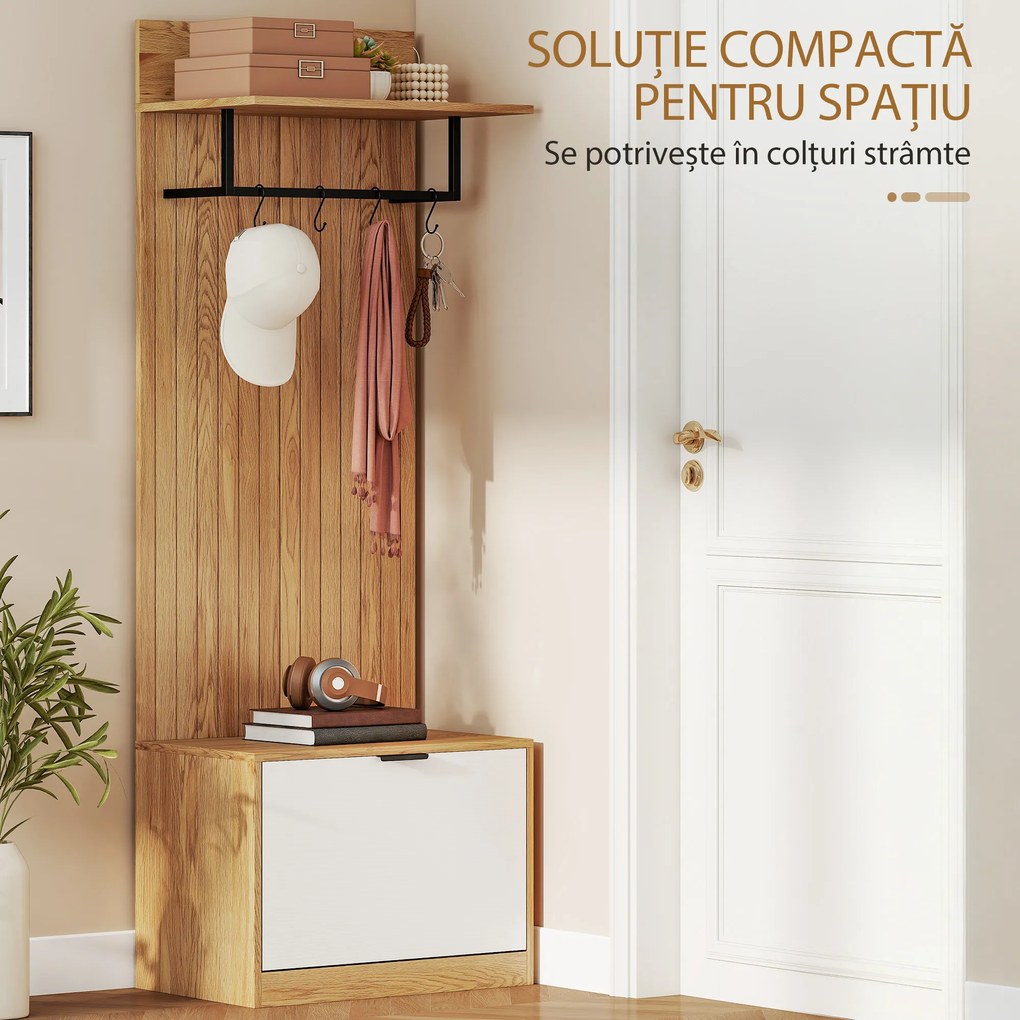 HOMCOM Cuier de Hol cu Pantofar Rabatabil, Cuier cu Bancă, 4 Cârlige și Rafturi pentru Pantofi, Organizator Modern pentru Hol și Coridor, Stejar și Alb | Aosom Romania