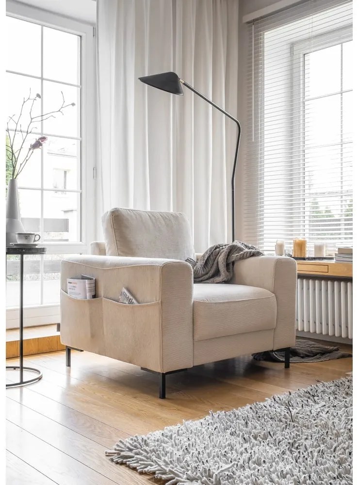 Fotoliu bej cu tapițerie din catifea reiată Lofty Lilly – Miuform