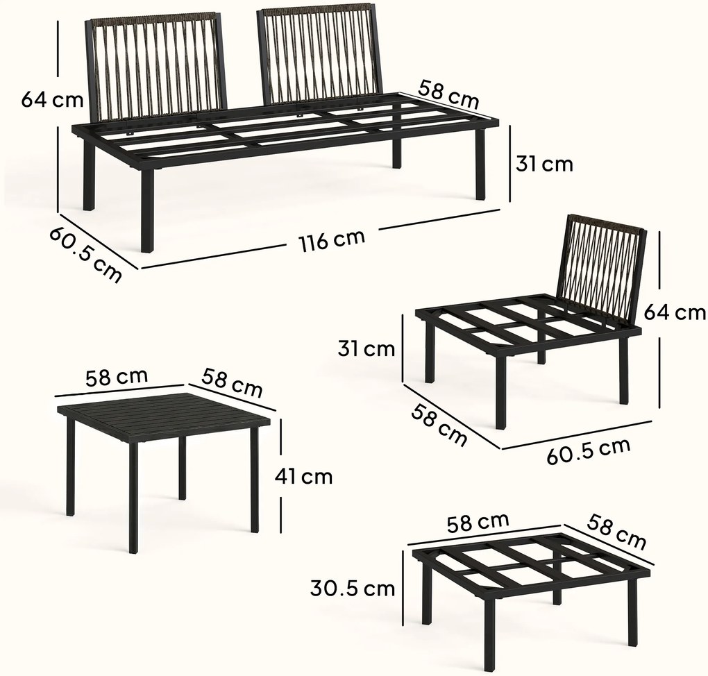 Outsunny Set lounge mobilier grădină 5-6 persoane, canapea 2 locuri, 2 scaune, scaun colțar, masă tip lamele, taburet | Aosom Romania