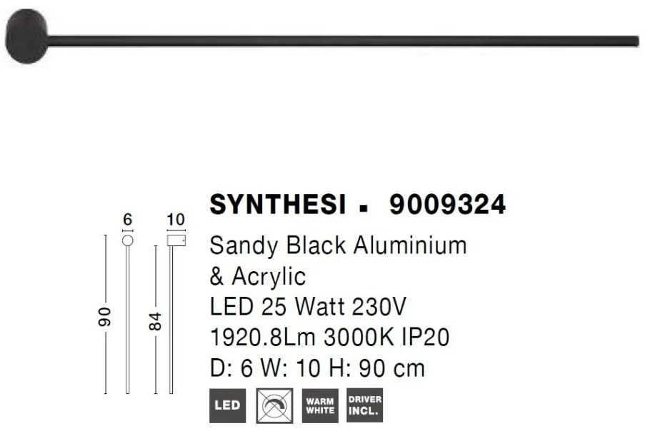 Aplica LED de perete design minimalist Synthesi negru H-90cm